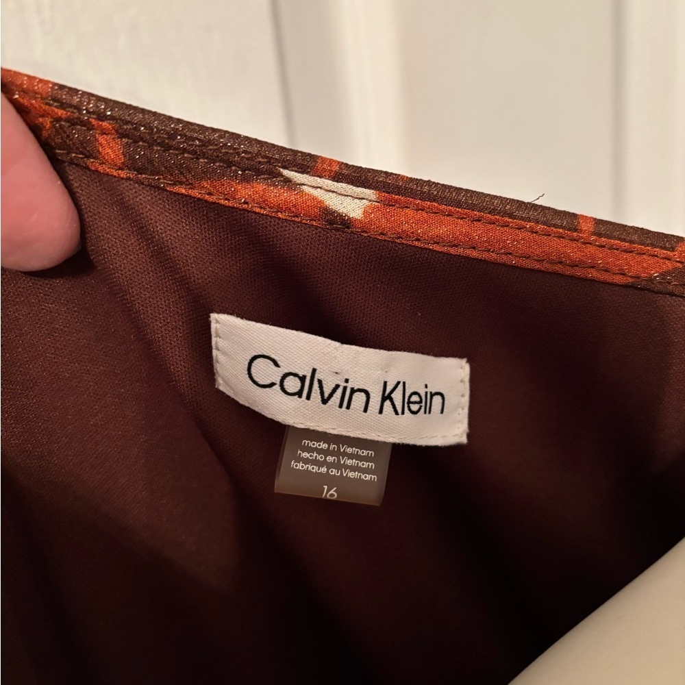 CALVIN KLEIN Flutter Sleeve Wrap Dress 'Earth Multi' Orange Rust Autumn Sz 16 - Picture 10 of 13